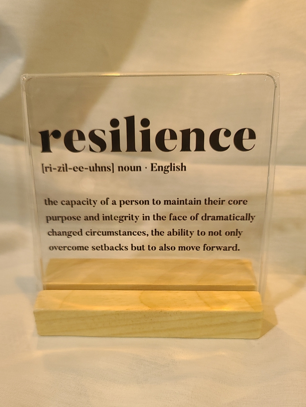 Resilience Acrylic Definition Sign with Natural Wood Base